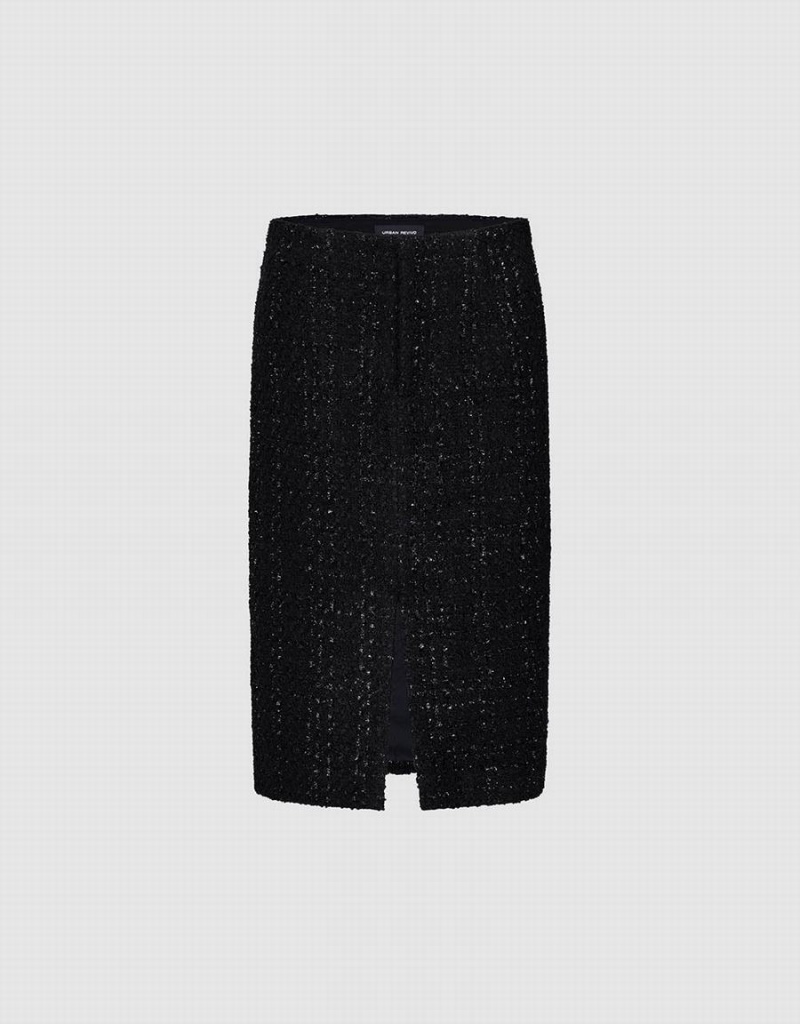 Jupes Urban Revivo Split Hem Tweed Droit Femme Noir | AHK3490OB