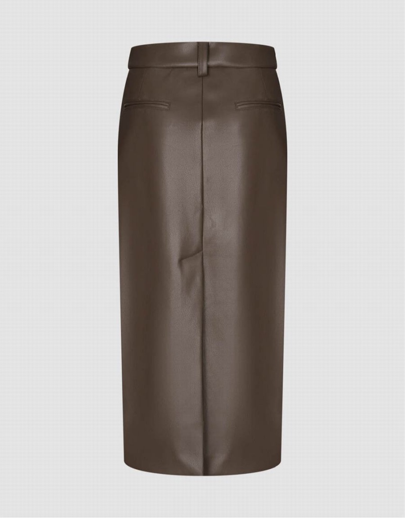 Jupes Urban Revivo Vegan Cuir Midi Droit Femme Marron | LAH3141NU