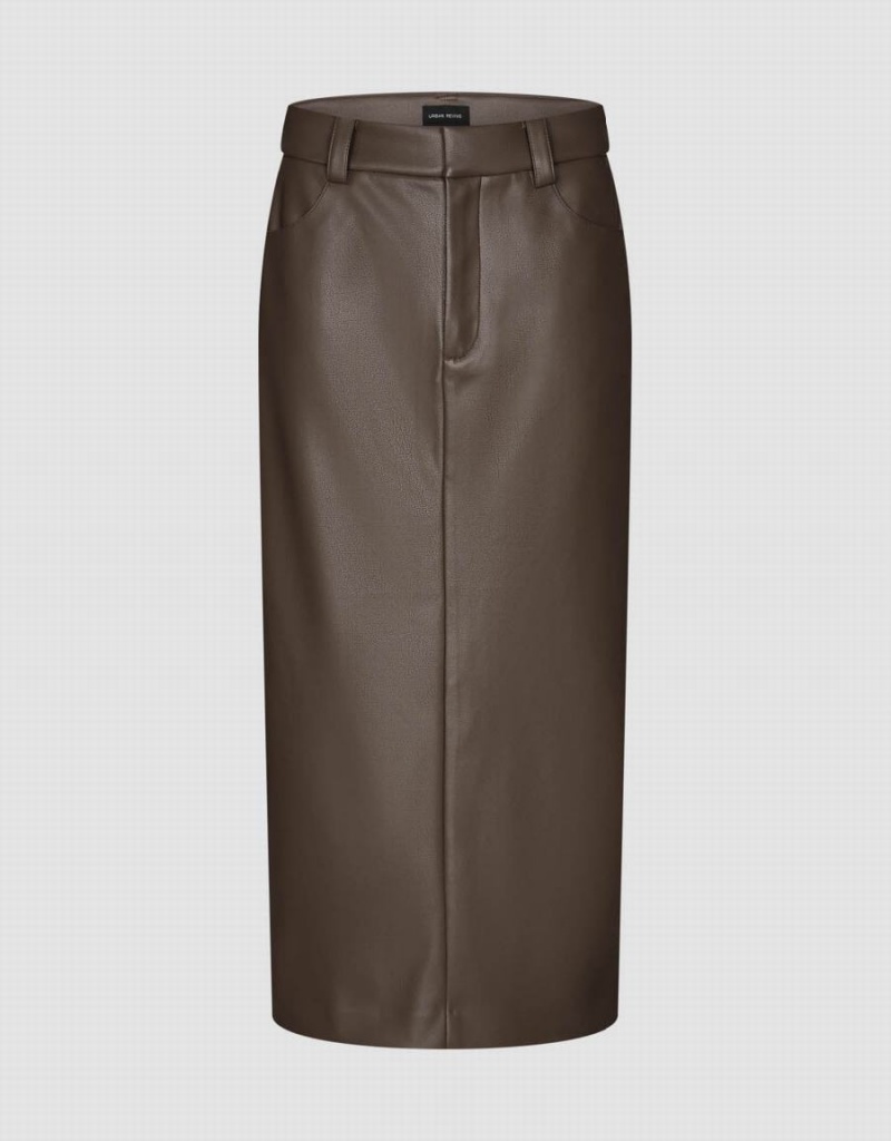 Jupes Urban Revivo Vegan Cuir Midi Droit Femme Marron | LAH3141NU