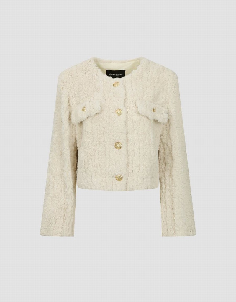 Manteaux Urban Revivo Crew Neck Furry Droit Femme Blanche | QPI2139OX