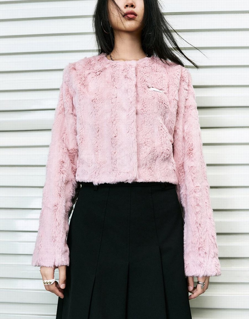 Manteaux Urban Revivo Furry Crew Neck Droit Femme Rose | UBF2349SB