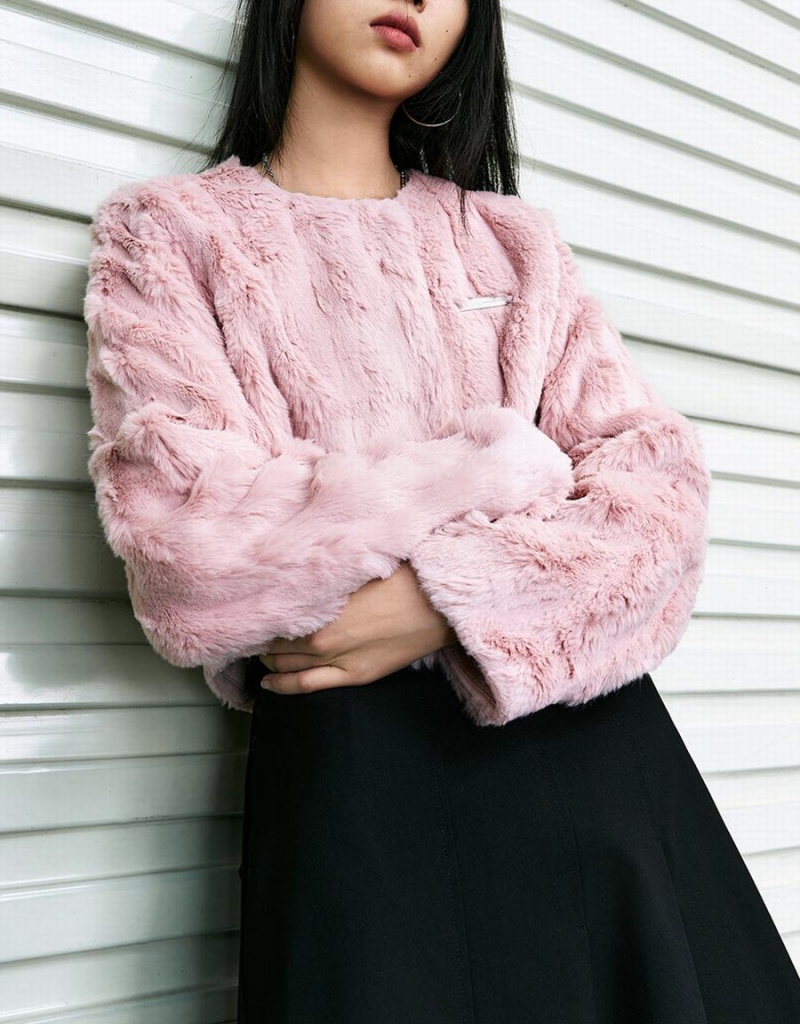 Manteaux Urban Revivo Furry Crew Neck Droit Femme Rose | UBF2349SB