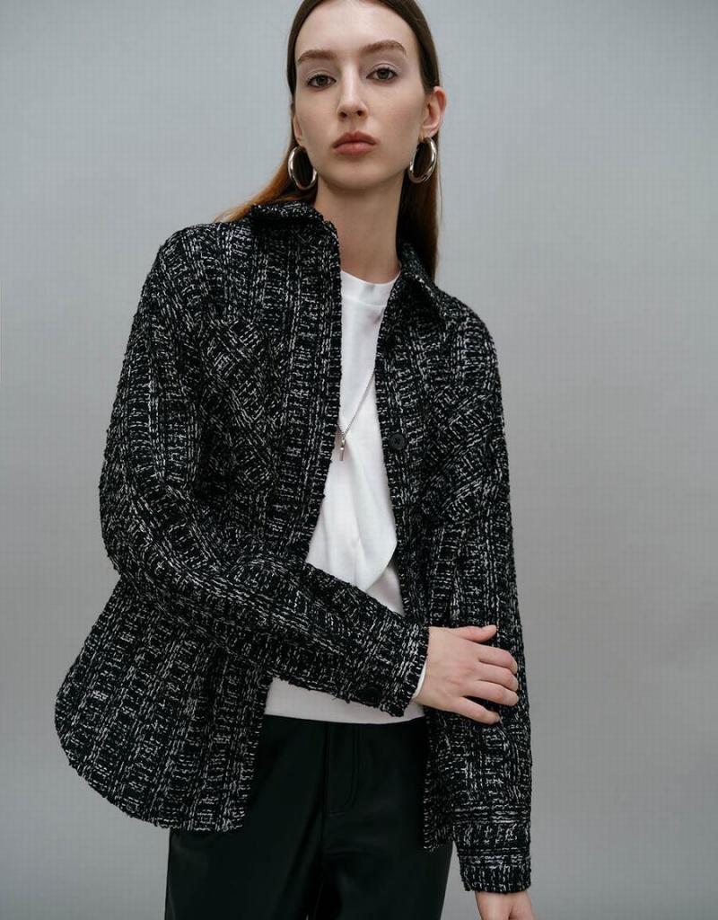 Manteaux Urban Revivo Loose Droit Woolen Checkered Femme Noir | WHZ8635BL