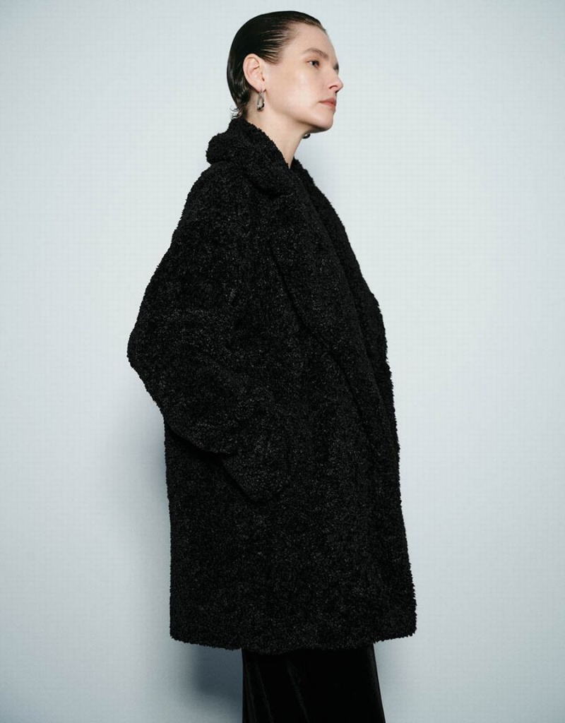 Manteaux Urban Revivo Notch Lapel Longline Furry Femme Noir | XCC8326FW