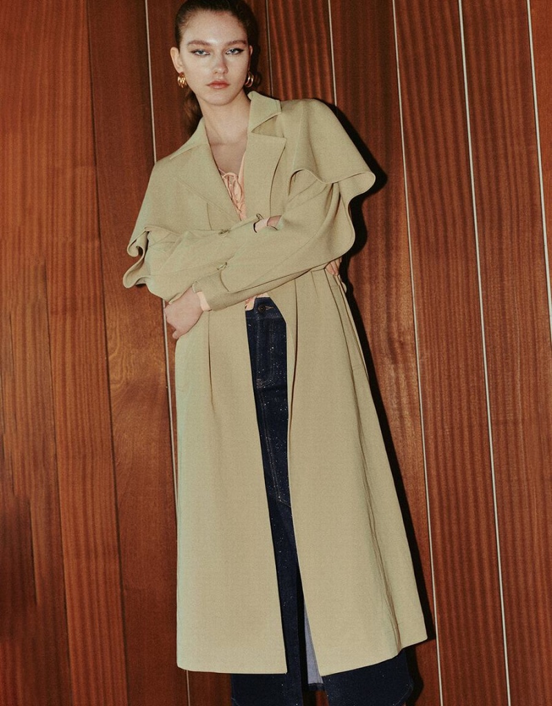 Manteaux Urban Revivo Notch Lapel With Belt Femme Kaki Clair | ZGV1574GW