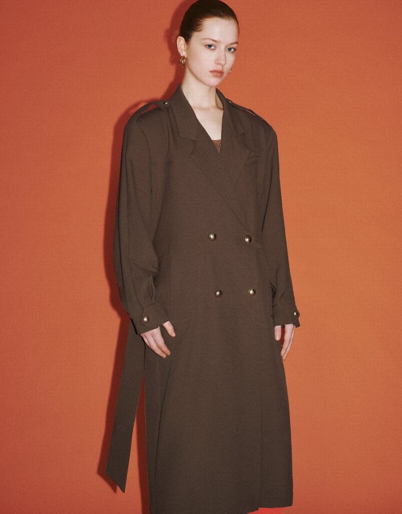 Manteaux Urban Revivo Notch Lapel With Belt Femme Marron | OCT9288NE