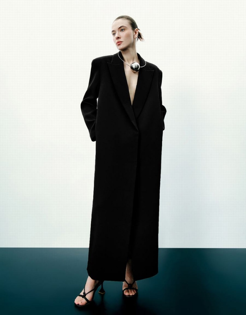 Manteaux Urban Revivo Peaked Lapel Long Femme Noir | QAO5082TF