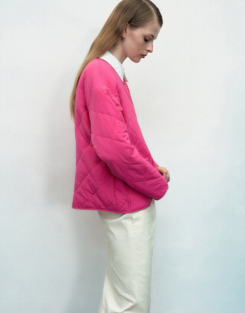 Manteaux Urban Revivo Standard Sleeve Crew Neck Rembourré Femme Rose | XXB4171OA