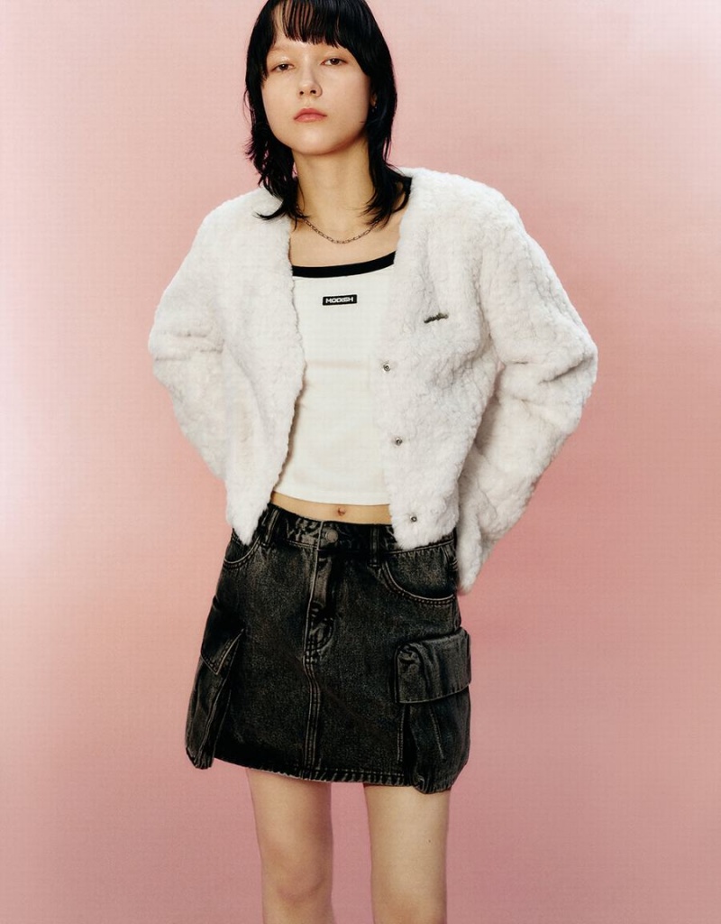 Manteaux Urban Revivo V-Neck Furry Femme Blanche | XJQ4781TH