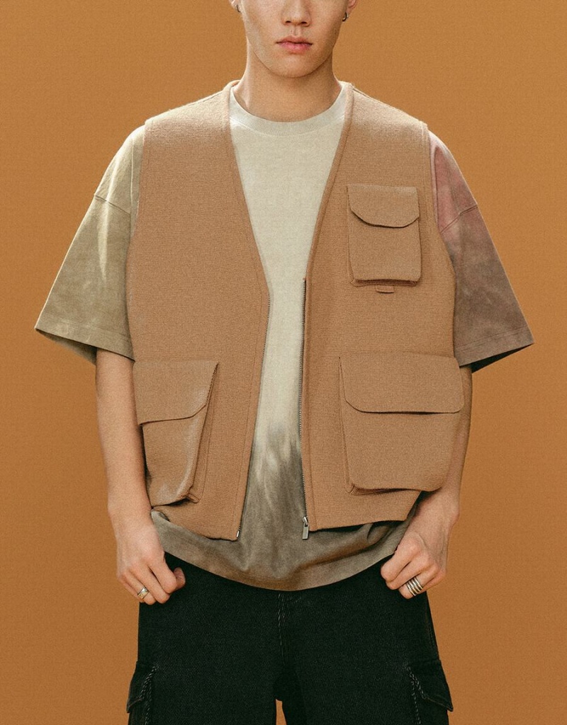 Manteaux Urban Revivo V-Neck Tricoté Waistcoat Homme Kaki Marron | GIH3654WP