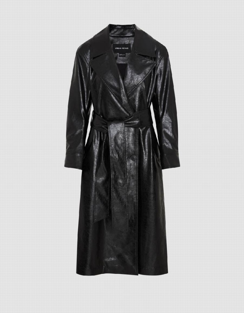 Manteaux Urban Revivo Vegan Cuir Droit With Belt Femme Noir | EGU9092HF