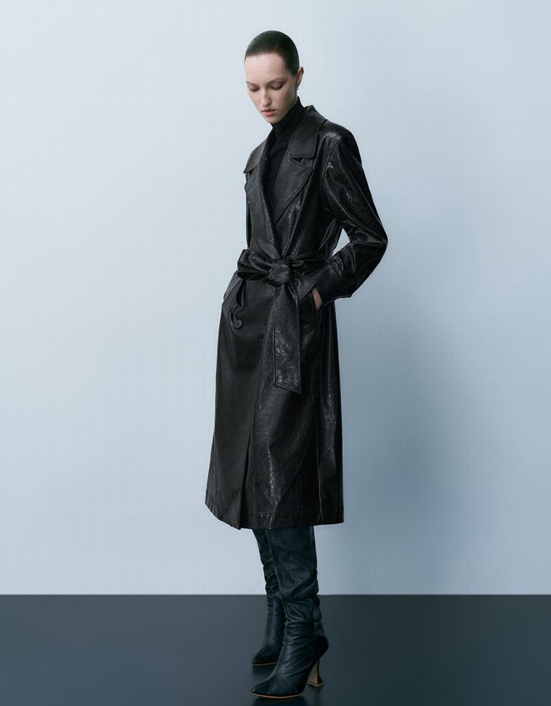 Manteaux Urban Revivo Vegan Cuir Droit With Belt Femme Noir | EGU9092HF