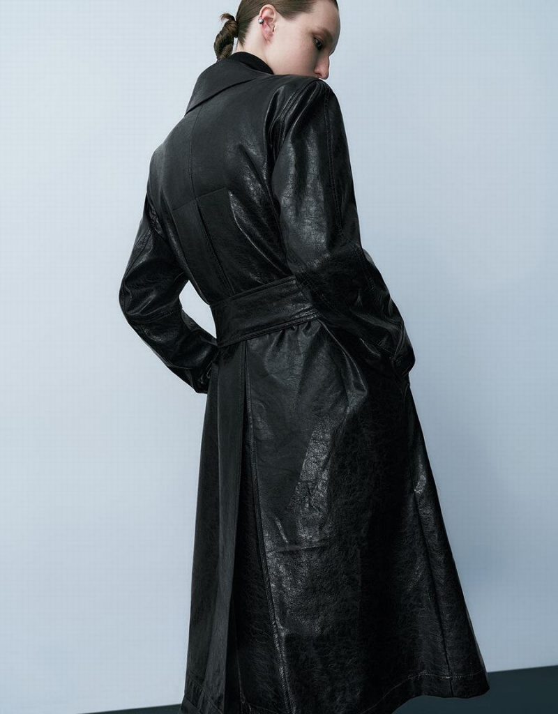 Manteaux Urban Revivo Vegan Cuir Droit With Belt Femme Noir | EGU9092HF
