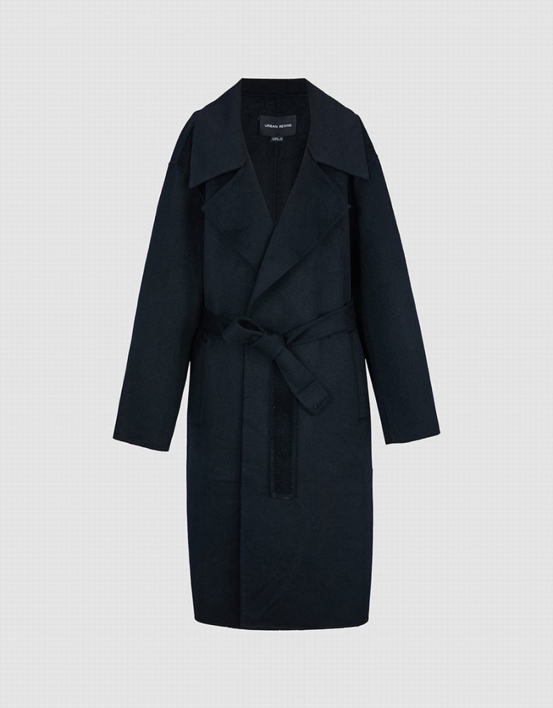 Manteaux Urban Revivo Woolen Long With Belt Femme Noir | LBD9857QN
