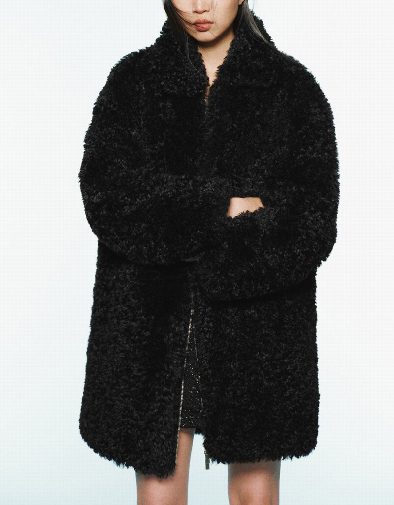 Manteaux Urban Revivo Zippé Front Droit Furry Femme Noir | RFV8227JH