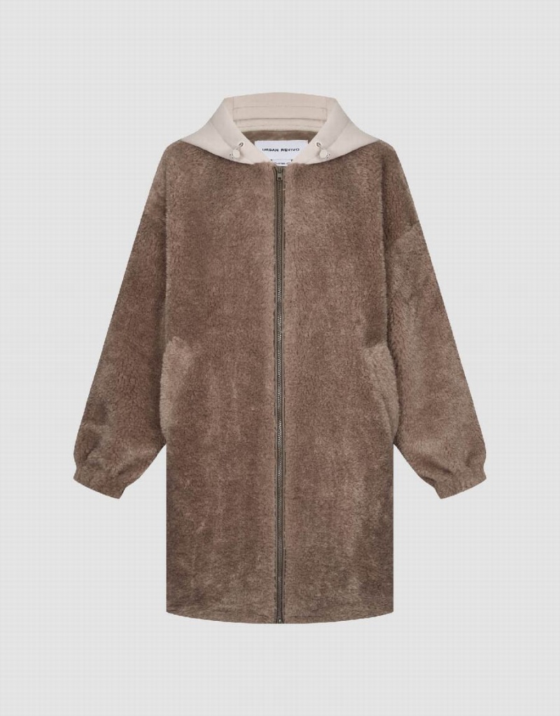 Manteaux Urban Revivo Zippé Front Encapuchonné Furry Femme Marron | SGB489IA