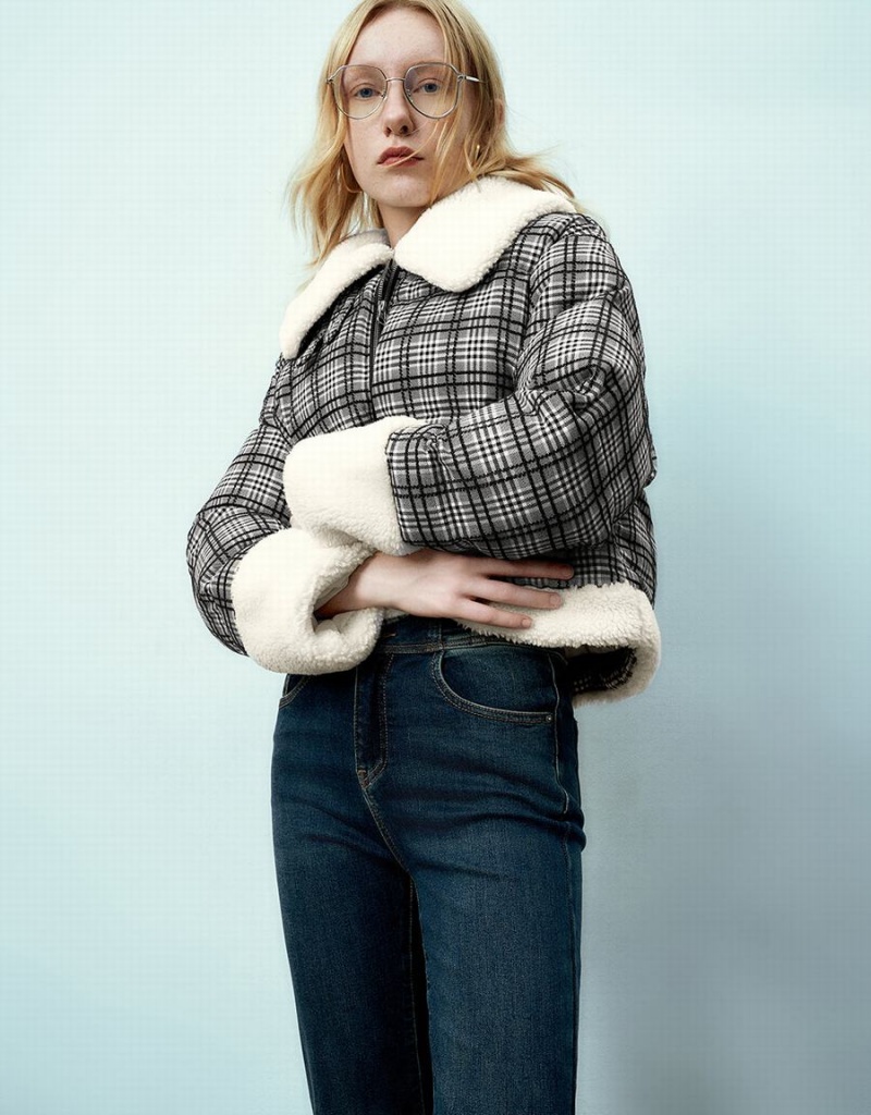 Manteaux Urban Revivo Zippé Front Plaid Furry Rembourré Femme Grise | AXR6976GP