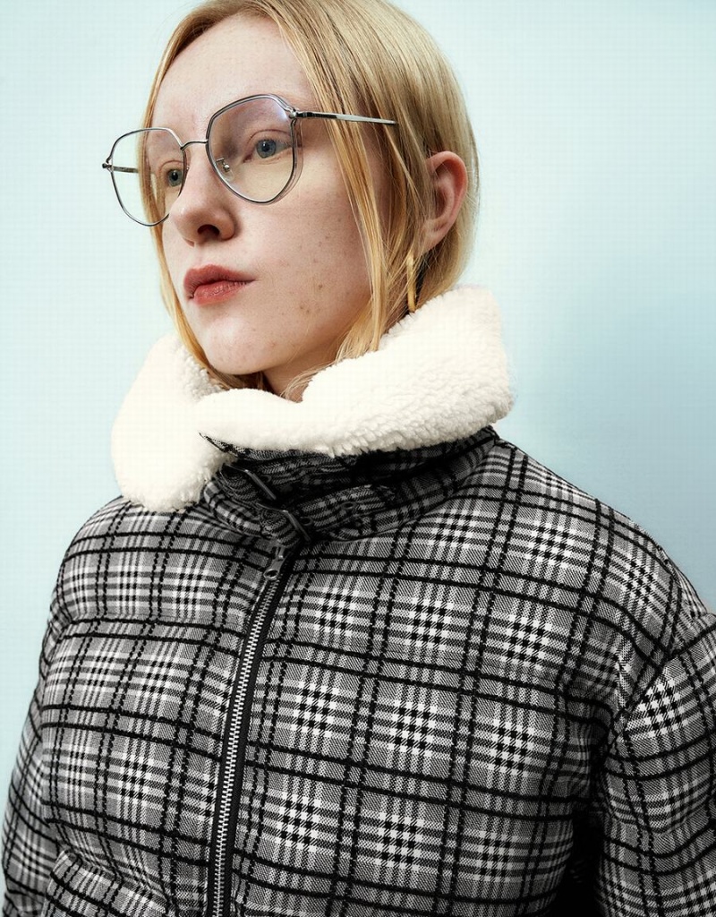 Manteaux Urban Revivo Zippé Front Plaid Furry Rembourré Femme Grise | AXR6976GP