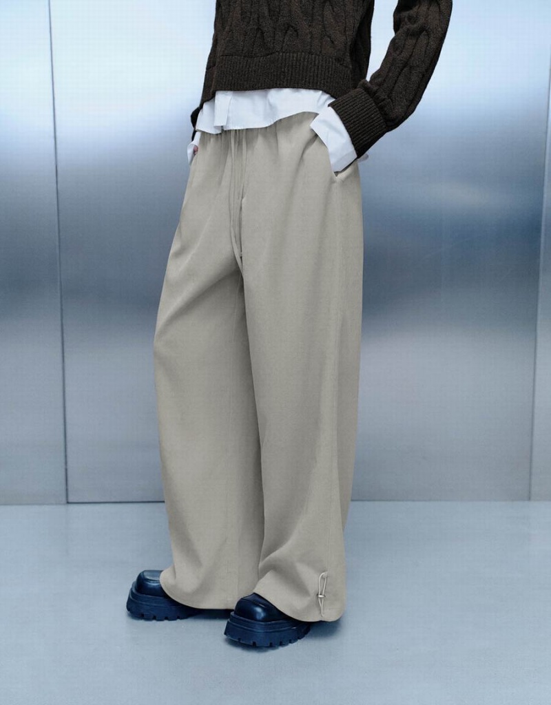 Pantalon Urban Revivo Drawstring Taille Tricoté Larges-Leg Femme Kaki Grise | OFF989VF