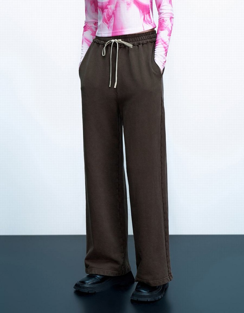 Pantalon Urban Revivo Drawstring Taille Tricoté Droit Femme Marron Foncé | VRO4985BV