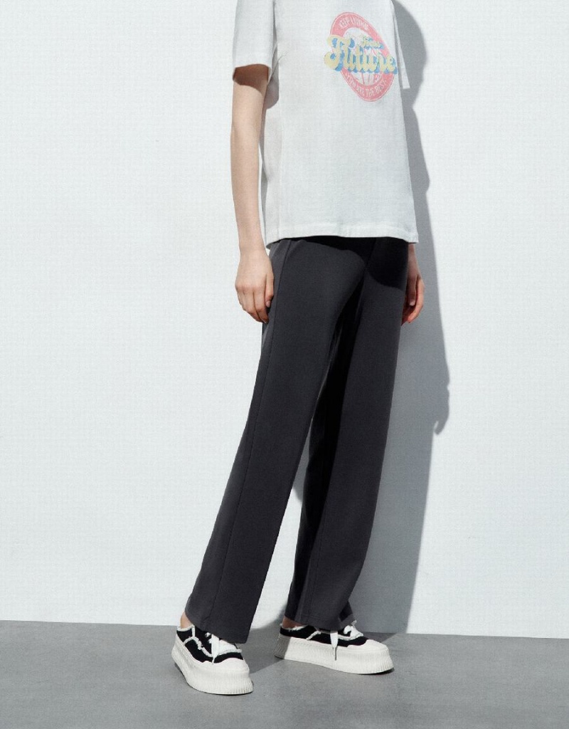 Pantalon Urban Revivo Drawstring Taille Tricoté Droit Femme Grise Foncé | JYJ2968CU