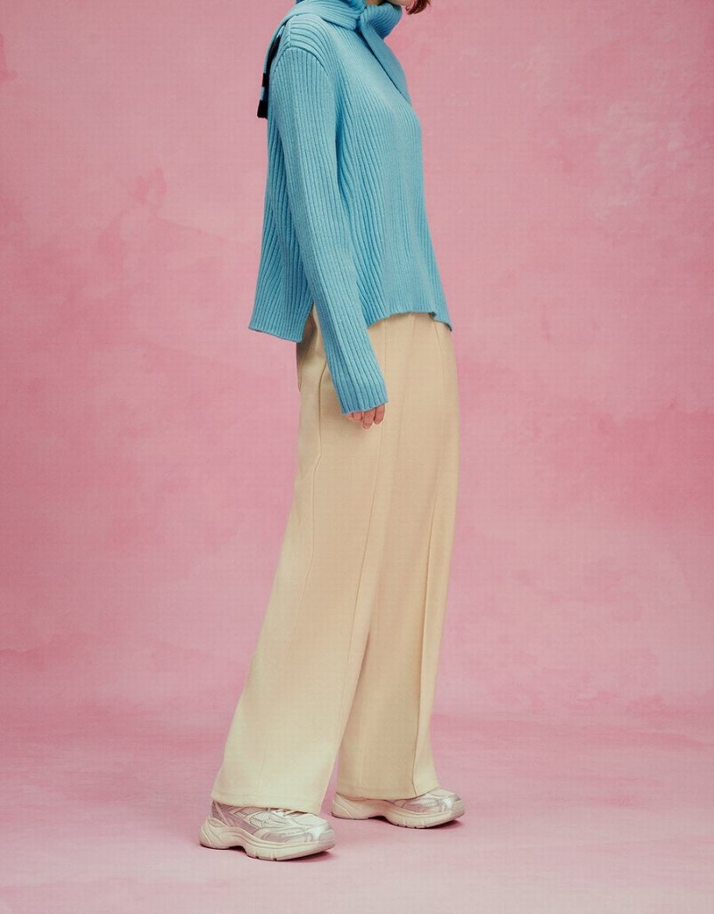 Pantalon Urban Revivo Elastic Taille Woolen Droit Femme Rose Blanche | YUK10044ZX