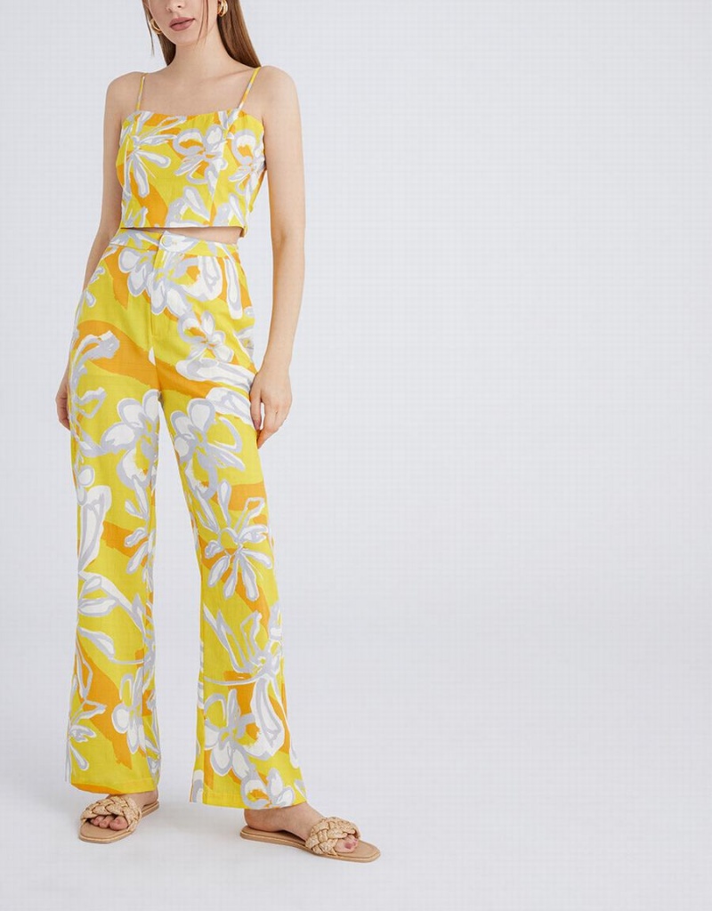 Pantalon Urban Revivo Floral Jacquard Larges Leg Femme Jaune | KEU2962BU