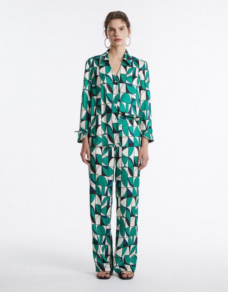 Pantalon Urban Revivo Geometric Print Larges Leg Femme Vert Noir Blanche | EFO3357BX