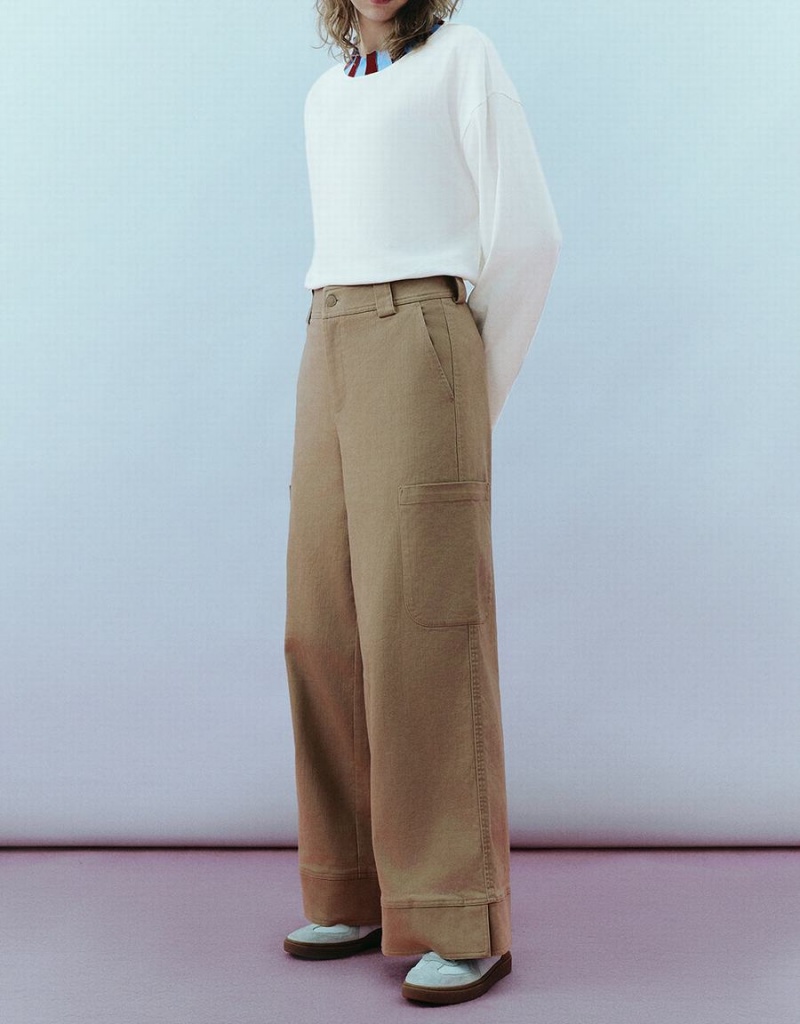 Pantalon Urban Revivo Larges-Leg Femme Kaki | VQS102GU