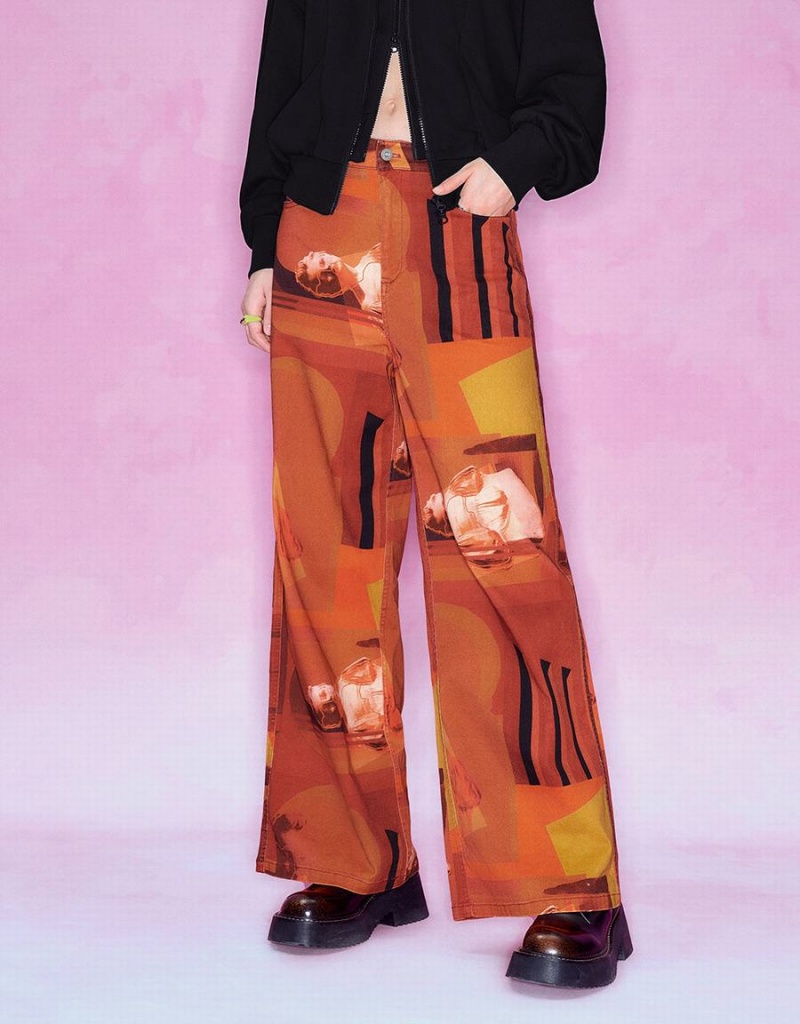 Pantalon Urban Revivo Printed Droit Femme Orange | PWW3481ML