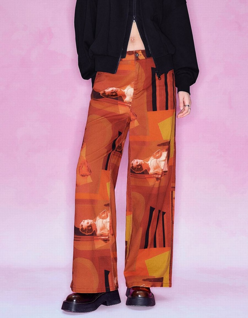 Pantalon Urban Revivo Printed Droit Femme Orange | PWW3481ML