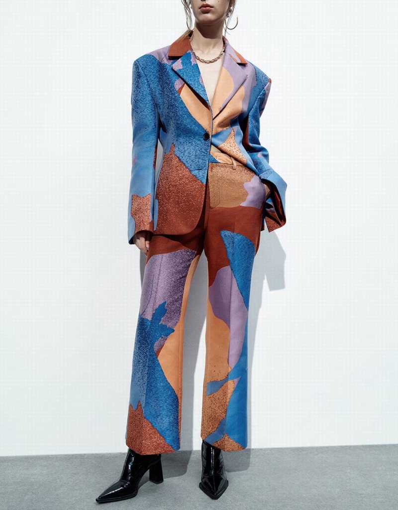 Pantalon Urban Revivo Printed Flare Femme Bleu | MZT2982IH
