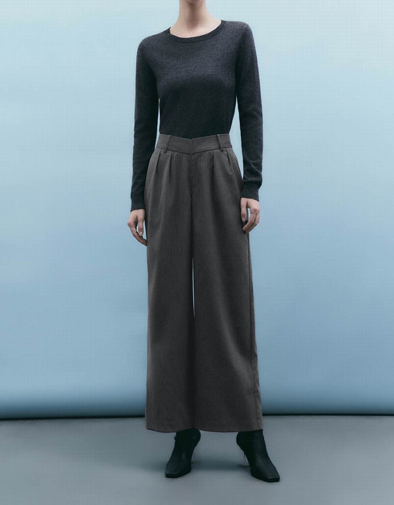 Pantalon Urban Revivo Rayé Tailored Larges-Leg Femme Grise | PFU4679JT