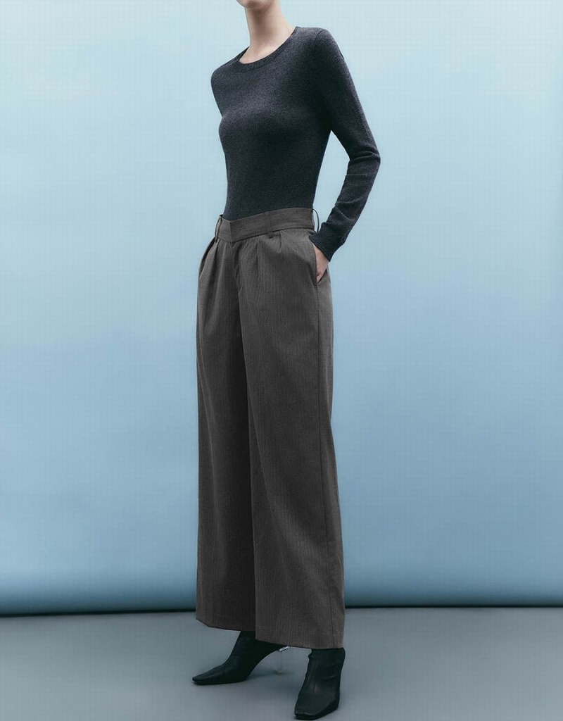 Pantalon Urban Revivo Rayé Tailored Larges-Leg Femme Grise | PFU4679JT