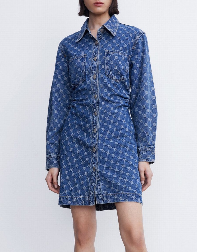 Peignoir Urban Revivo Allover Jacquard Ruched Button Up Denim Femme Bleu | YOO5272CQ