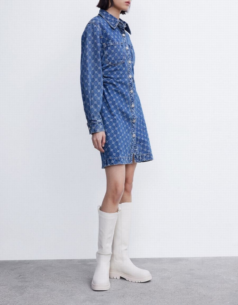 Peignoir Urban Revivo Allover Jacquard Ruched Button Up Denim Femme Bleu | YOO5272CQ