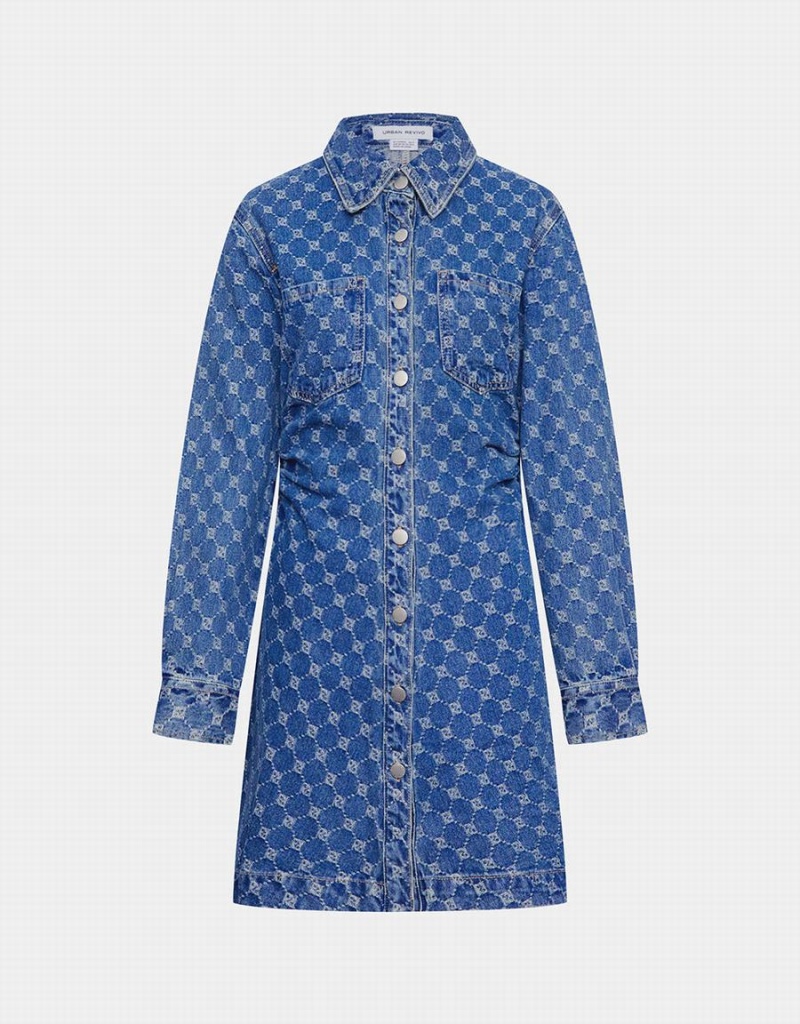 Peignoir Urban Revivo Allover Jacquard Ruched Button Up Denim Femme Bleu | YOO5272CQ