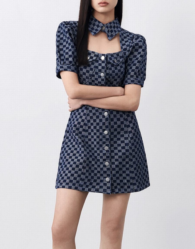 Peignoir Urban Revivo Checkered Cut Out Front Denim Femme Bleu | GOS3712GV