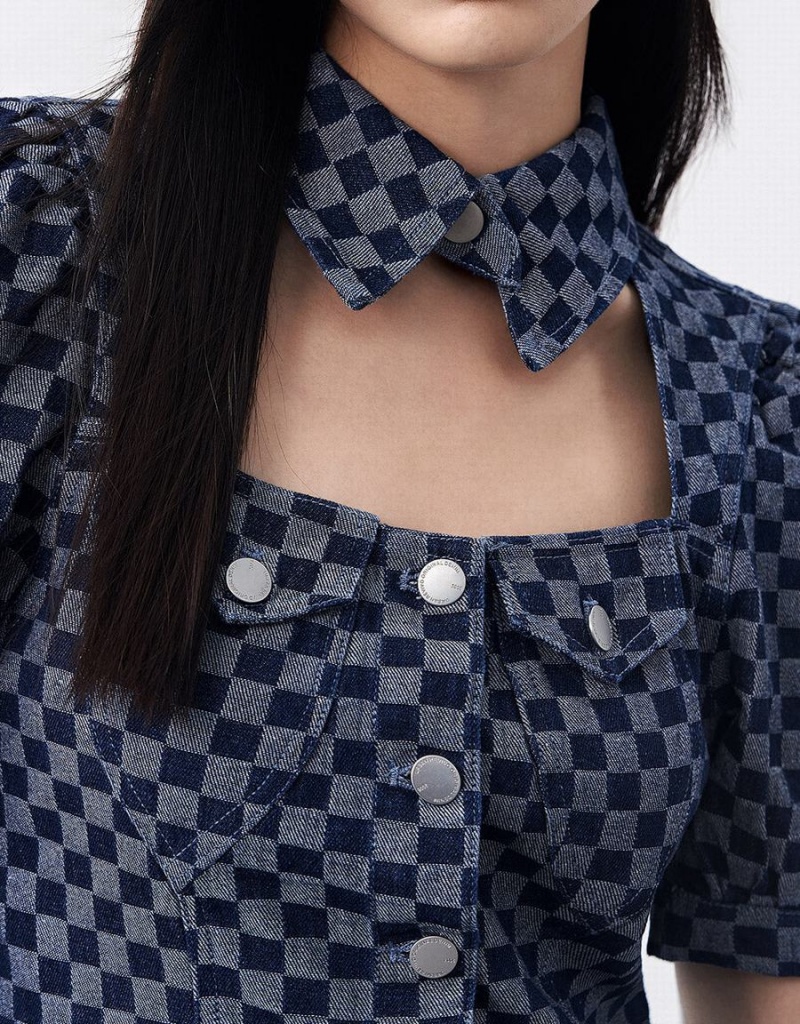 Peignoir Urban Revivo Checkered Cut Out Front Denim Femme Bleu | GOS3712GV