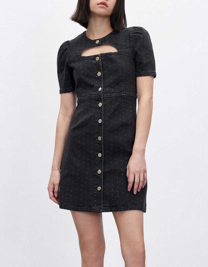 Peignoir Urban Revivo Cut Out Polka Dot Button Front Denim Femme Noir | HIO9069UR