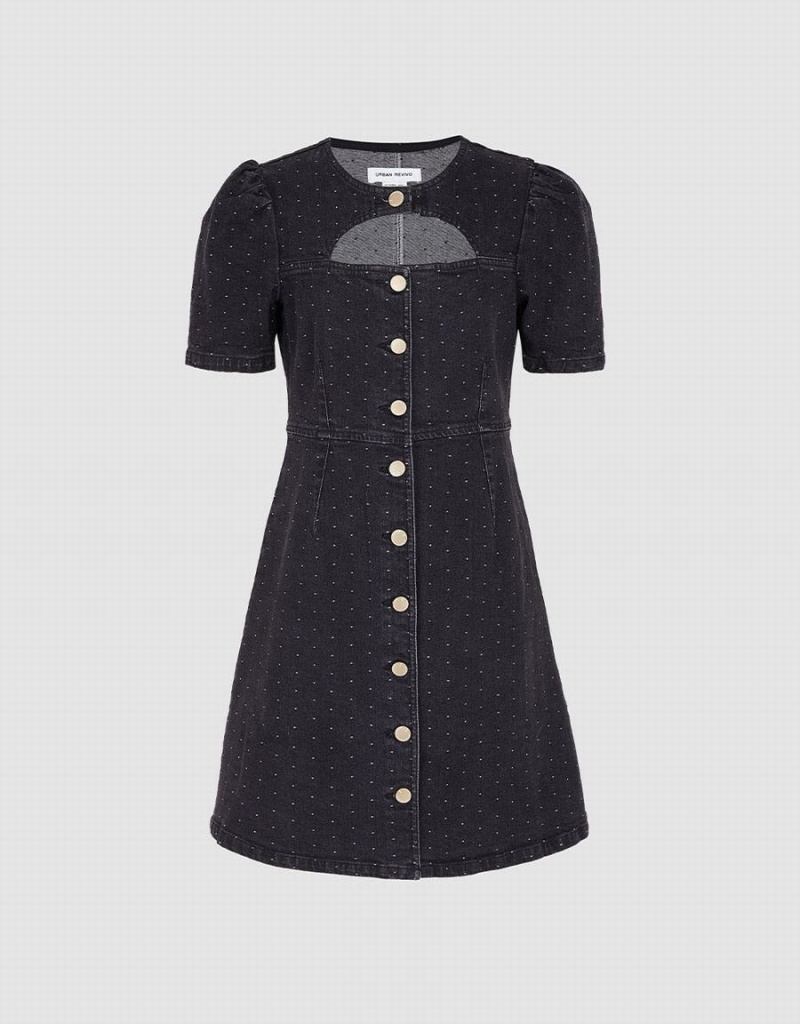 Peignoir Urban Revivo Cut Out Polka Dot Button Front Denim Femme Noir | HIO9069UR