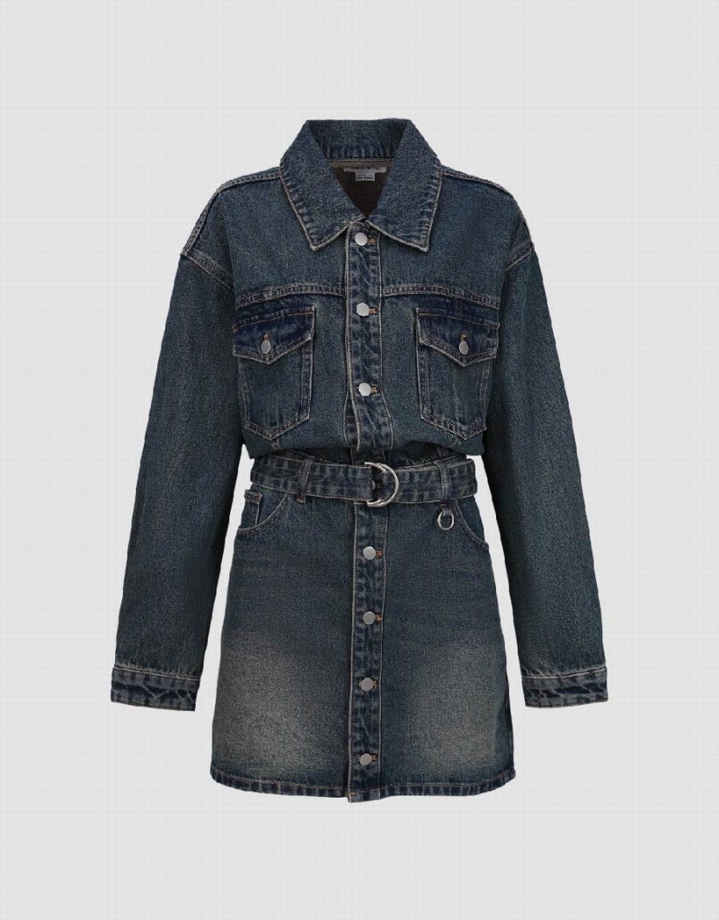 Peignoir Urban Revivo Droit Denim With Belt Femme Bleu | VZV7647TO