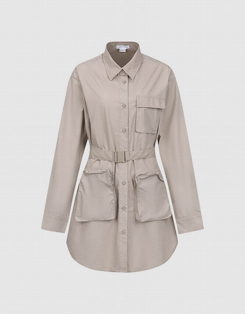 Peignoir Urban Revivo Droit With Belt Femme Kaki Grise | ELC6024FO