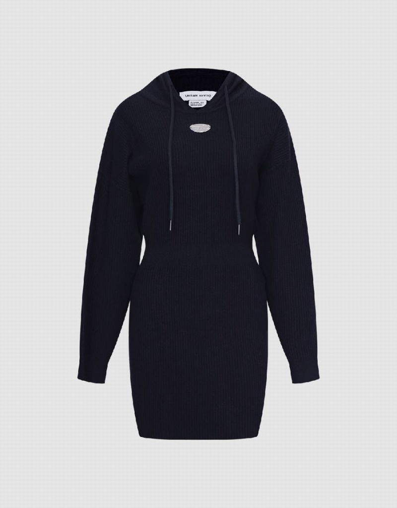 Peignoir Urban Revivo Encapuchonné Tricoté Femme Noir | EHT8775MR