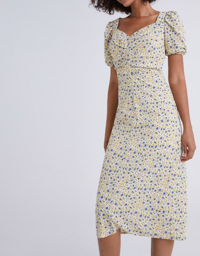 Peignoir Urban Revivo Floral Print Sweetheart Neck Puff Sleeve Femme Jaune | GEH1782RZ