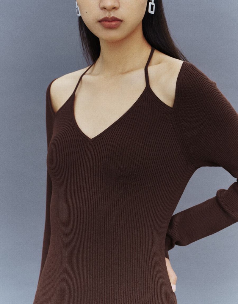 Peignoir Urban Revivo Halter Neck Mince Tricoté A-Line Femme Marron | MUR3972YX