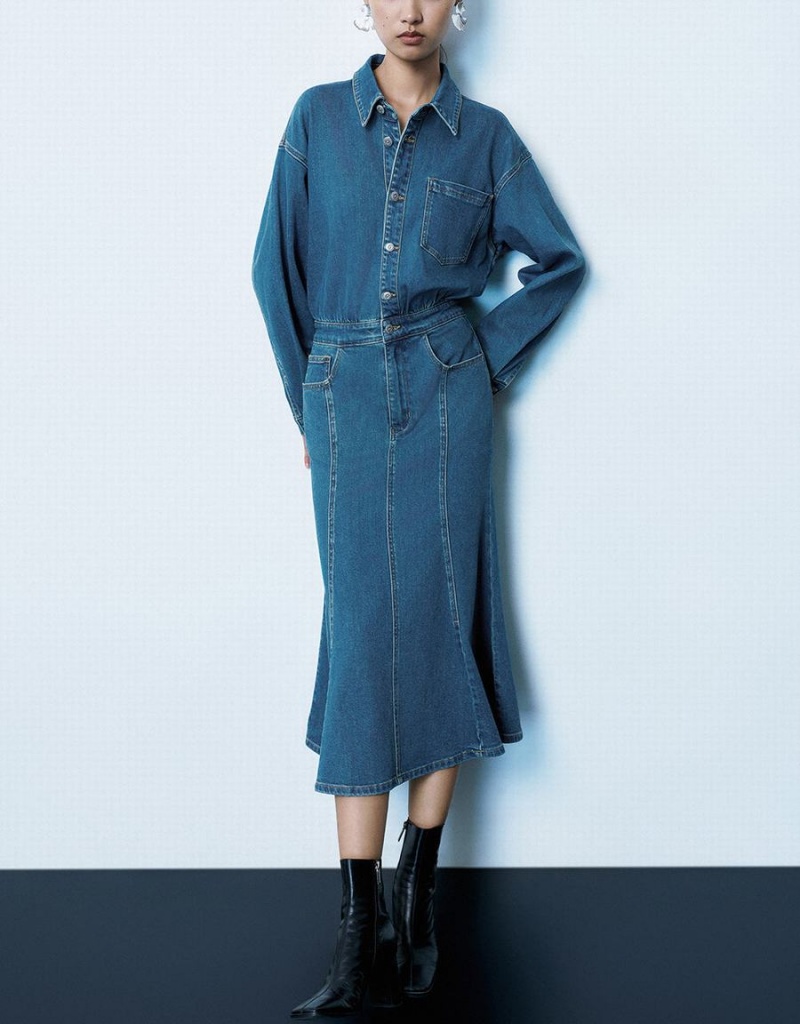 Peignoir Urban Revivo Lapel Denim Femme Bleu | XDH728IC