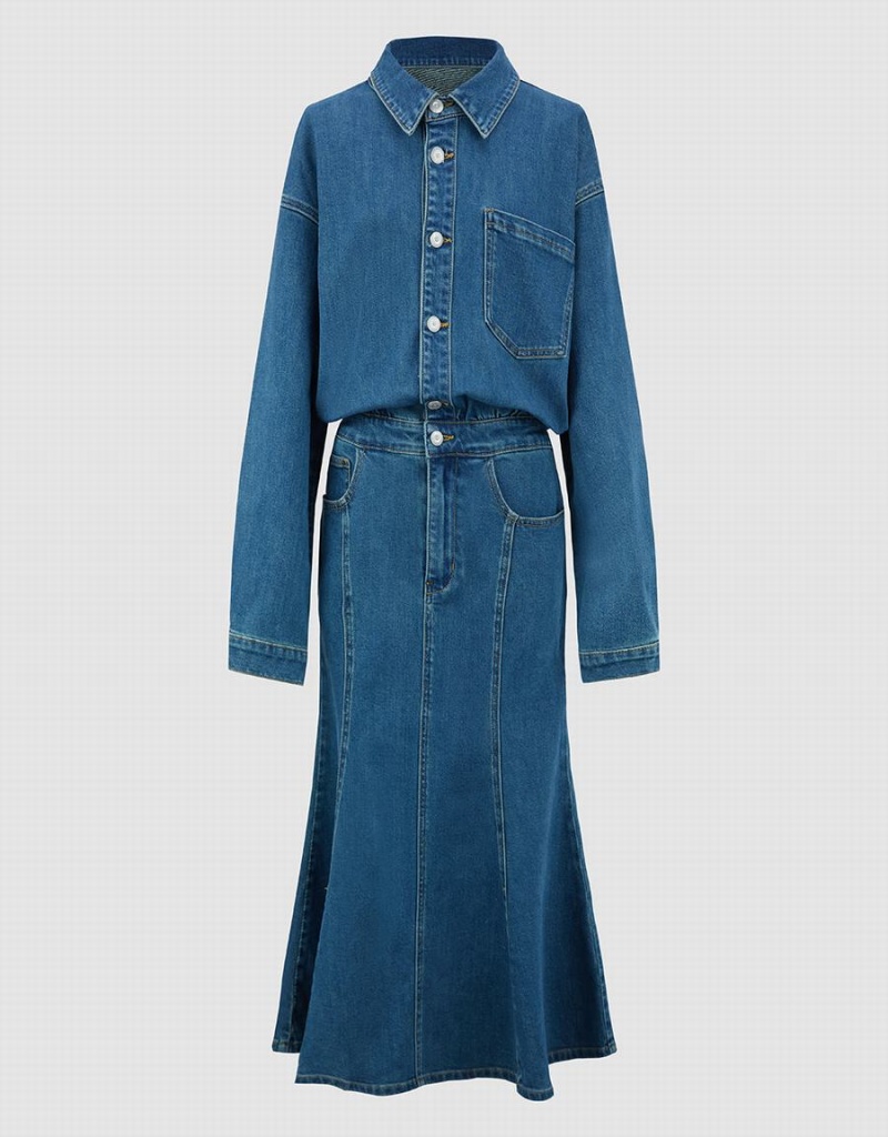 Peignoir Urban Revivo Lapel Denim Femme Bleu | XDH728IC