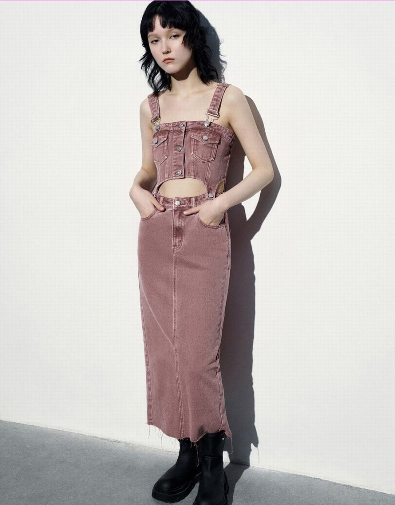 Peignoir Urban Revivo Long Denim Pinafore Femme Rose | OTJ9143OV