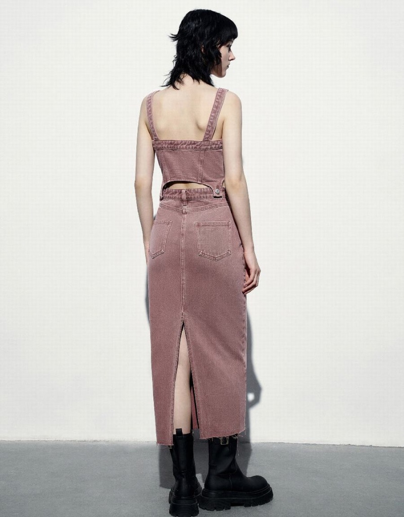 Peignoir Urban Revivo Long Denim Pinafore Femme Rose | OTJ9143OV